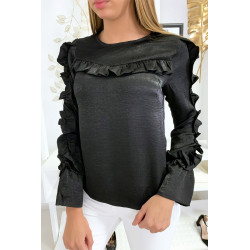 Blouse noir matière brillante avec froufrou au buste et aux manches - 1