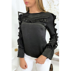 Blouse noir matière brillante avec froufrou au buste et aux manches - 2