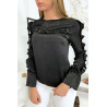 Blouse noir matière brillante avec froufrou au buste et aux manches - 2