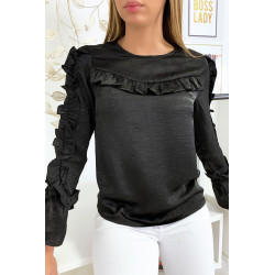 Blouse noir matière brillante avec froufrou au buste et aux manches - 3