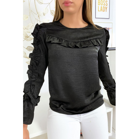 Blouse noir matière brillante avec froufrou au buste et aux manches - 3