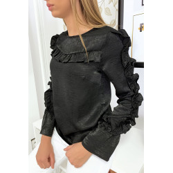 Blouse noir matière brillante avec froufrou au buste et aux manches - 4