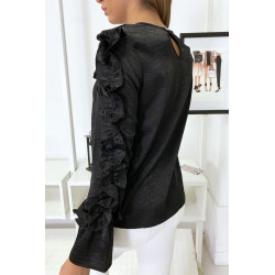 Blouse noir matière brillante avec froufrou au buste et aux manches - 5