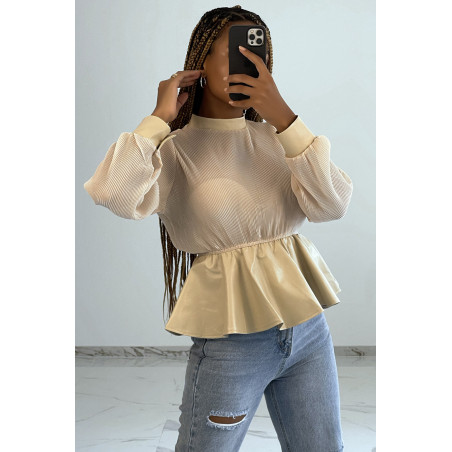 Blouse bi-matière beige en tulle plissée et simiili cuir effet bouffant - 1