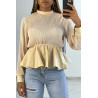 Blouse bi-matière beige en tulle plissée et simiili cuir effet bouffant - 2