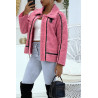 Manteaux fuchsia style aviateur en moumoute avec jolies bandes simili cuir chaud et doux - 3