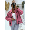 Manteaux fuchsia style aviateur en moumoute avec jolies bandes simili cuir chaud et doux - 4