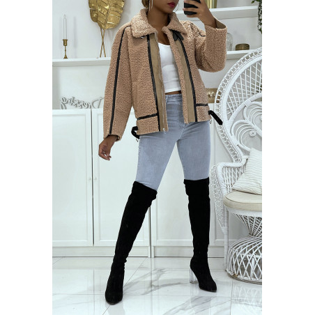 Manteaux taupe style aviateur en moumoute avec jolies bandes simili cuir chaud et doux - 1