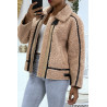 Manteaux taupe style aviateur en moumoute avec jolies bandes simili cuir chaud et doux - 3