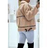 Manteaux taupe style aviateur en moumoute avec jolies bandes simili cuir chaud et doux - 4