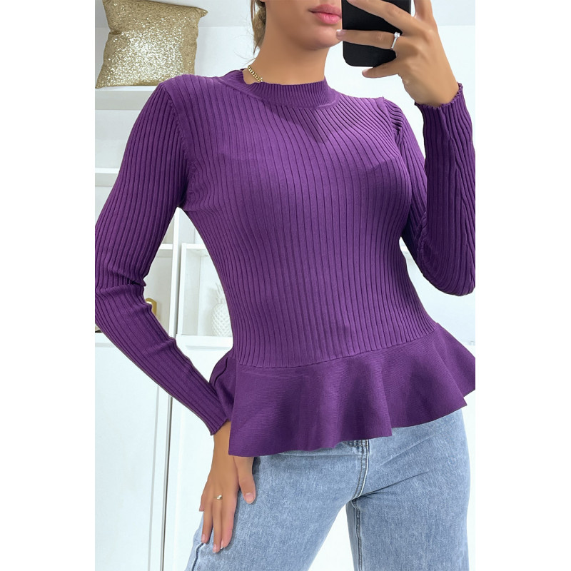 Pull violet côtelé coupe péplum et col haut - 4