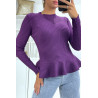 Pull violet côtelé coupe péplum et col haut - 4