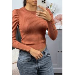 Pull côtelé cognac en viscose avec boutons dorées et manches bouffantes - 4