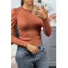 Pull côtelé cognac en viscose avec boutons dorées et manches bouffantes - 4