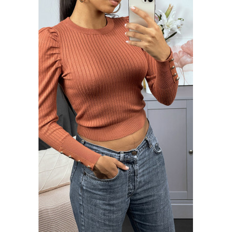 Pull côtelé cognac en viscose avec boutons dorées et manches bouffantes - 5