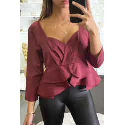 Blouse bordeaux péplum à col et dos plongeant. - 1