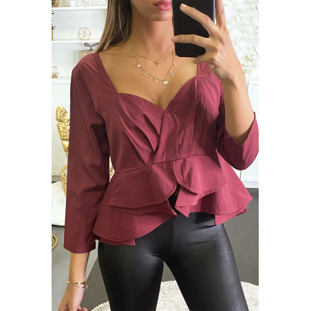 Blouse bordeaux péplum à col et dos plongeant. - 1