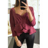 Blouse bordeaux péplum à col et dos plongeant. - 2