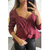 Blouse bordeaux péplum à col et dos plongeant. - 3