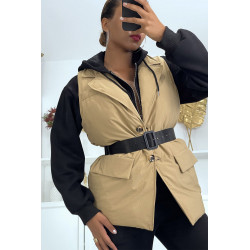 Veste sans manche taupe matelassé avec ceinture - 3