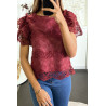 Top bordeaux doublé en dentelle et crochet avec manches bouffantes. - 3