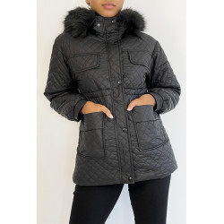 Manteau matelassé multi-poches noir à capuche - 2