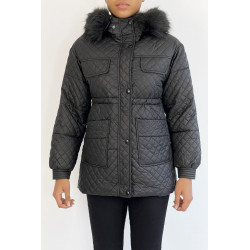 Manteau matelassé multi-poches noir à capuche - 5