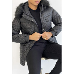 Manteau matelassé multi-poches noir à capuche - 6