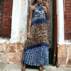 Longue robe plissé marine avec motif léopard - 1