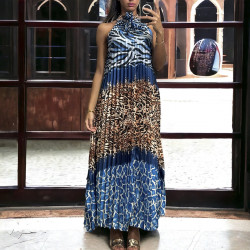 Longue robe plissé marine avec motif léopard - 3