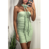 Robe verte en maille côtelé extensible avec fleure à la bretelle - 4