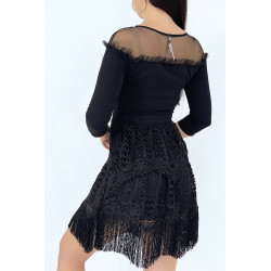 Robe chic noire à manches 3/4 et doublure ajourée à franges - 4