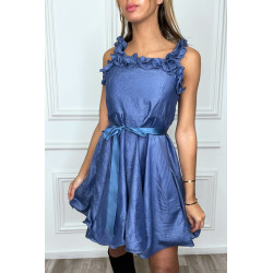 Robe patineuse marine satinée évasée à froufrou - 1