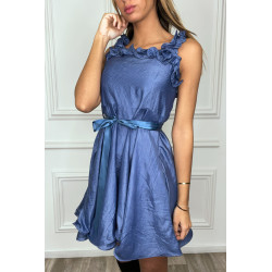 Robe patineuse marine satinée évasée à froufrou - 2