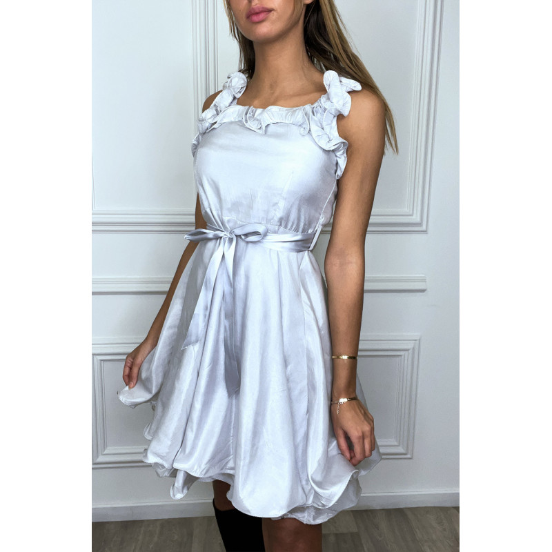 Robe patineuse grise satinée évasée à froufrou - 1