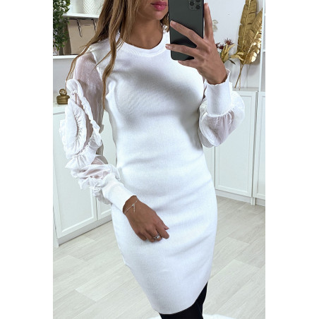 Robe pull blanc avec manches en tulle - 1