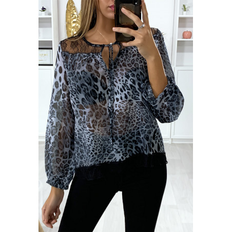 Blouse motif leopard gris avec dentelle au buste - 1