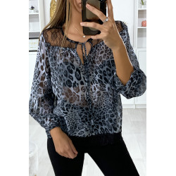 Blouse motif leopard gris avec dentelle au buste - 3