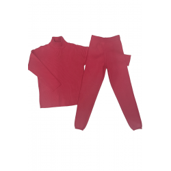 Ensemble pull col roulé over size et jegging en maille côtelé extensible fuchsia - 1