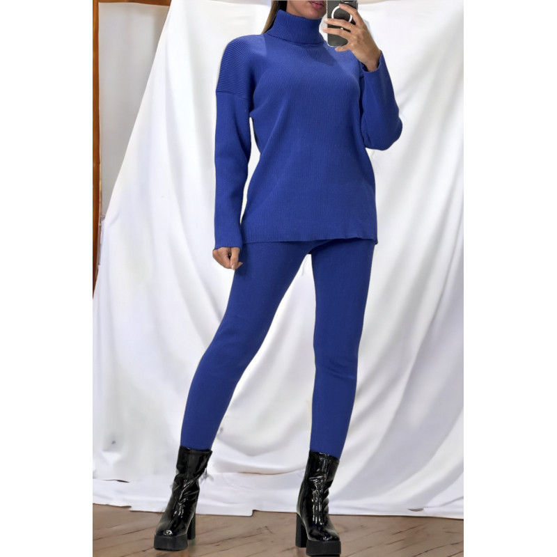 Ensemble pull col roulé over size et jegging en maille côtelé extensible royal - 1