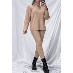 Ensemble pull col roulé over size et jegging en maille côtelé extensible taupe - 2