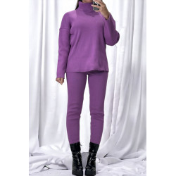 Ensemble pull col roulé over size et jegging en maille côtelé extensible violet - 2