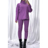 Ensemble pull col roulé over size et jegging en maille côtelé extensible violet - 2