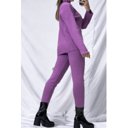 Ensemble pull col roulé over size et jegging en maille côtelé extensible violet - 3