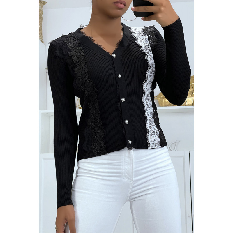 Magnifique gilet noir avec dentelle et broderie blanc et noir - 1