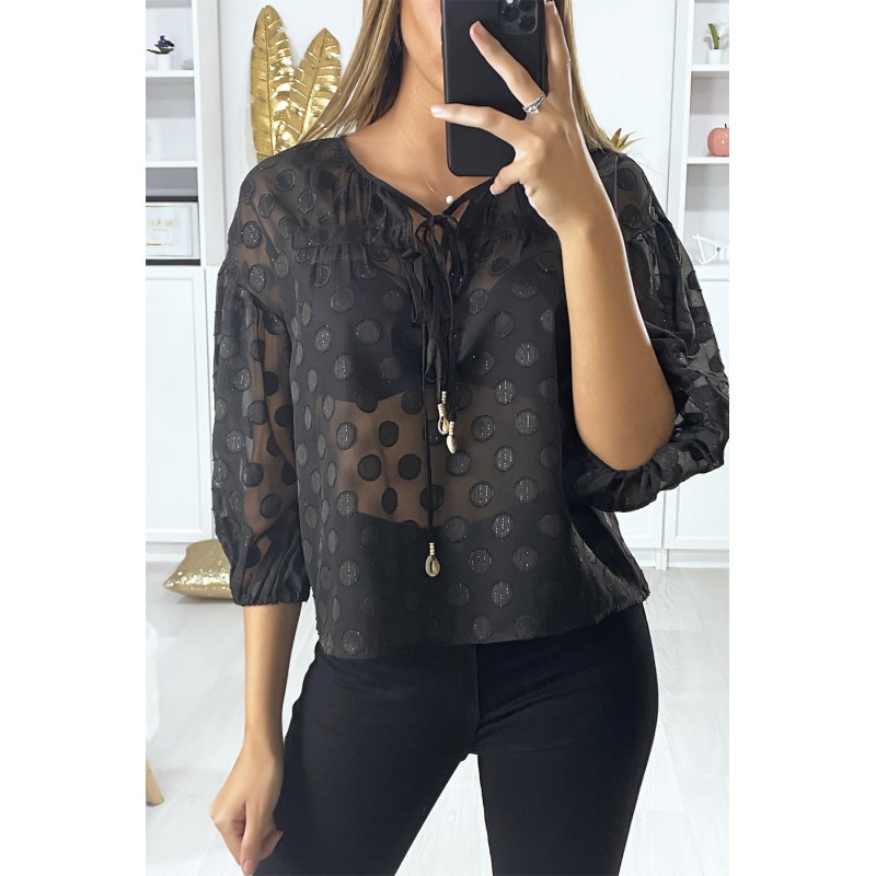 Blouse noir avec lacet devant et motif brillant - 2