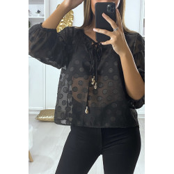 Blouse noir avec lacet devant et motif brillant - 4