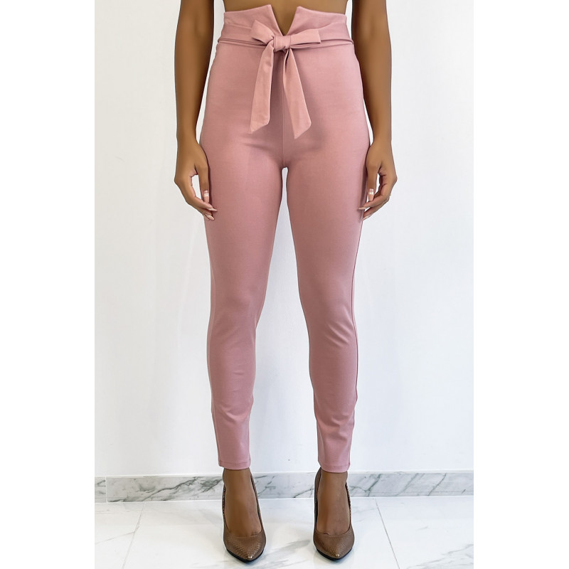 Pantalon slim rose taille haute avec ceinture et forme V - 4