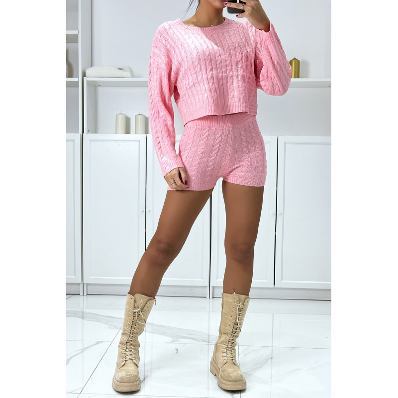 Ensemble pull et short rose en maille tressé très tendance  - 1