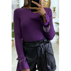 Pull violet côtelé avec volant et accessoire aux manches - 5